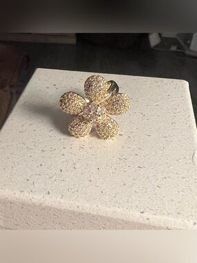 Statement Gold-Tone Pavé Flower Cocktail Ring (Adjustable).